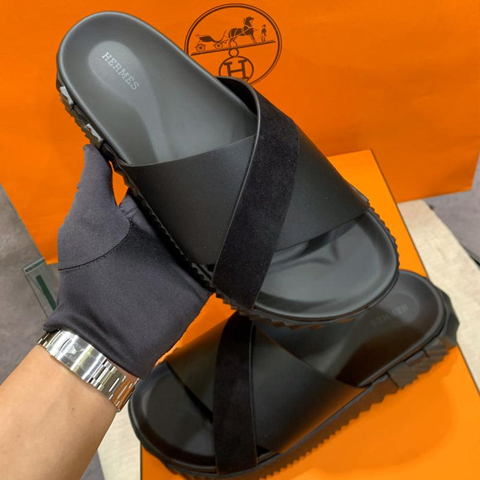 HERMES Men’s Infra Sandals Calfskin Suede Black Slides