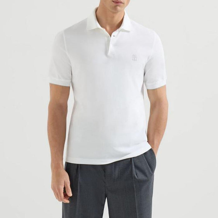 Brunello Cucinelli Light White Embroidered Logo Polo Shirt for Men