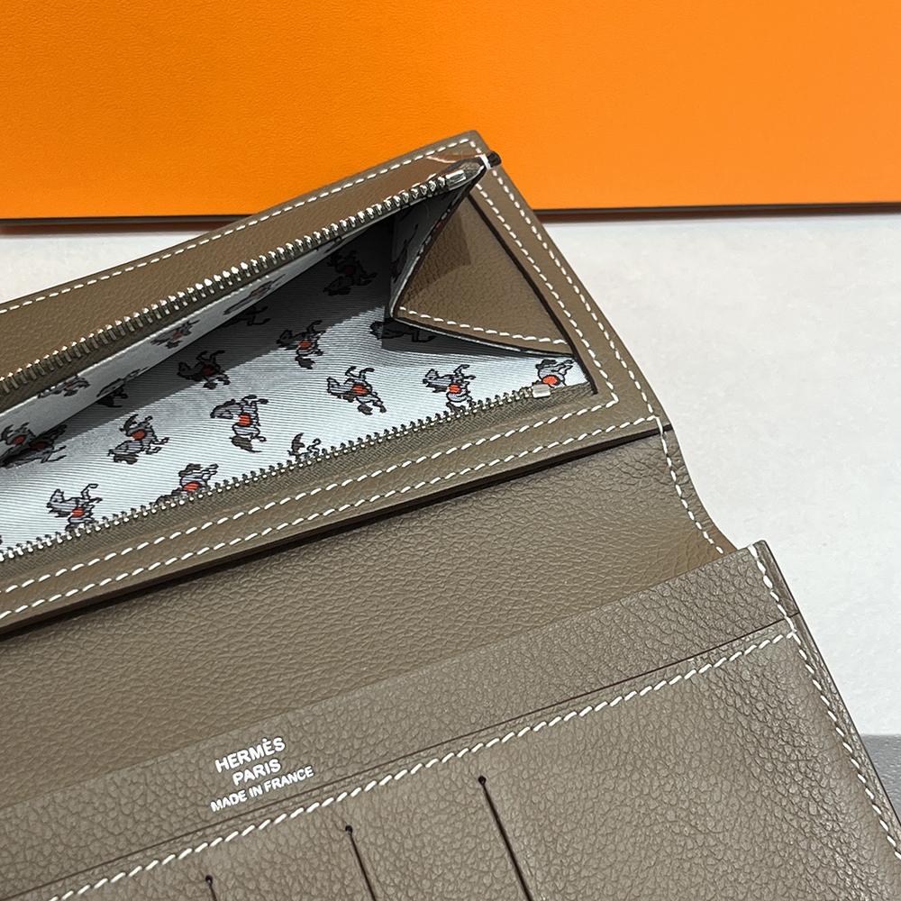 HERMES Epsom Leather Long Wallet Etoupe Citizen Twill Graphic Lining