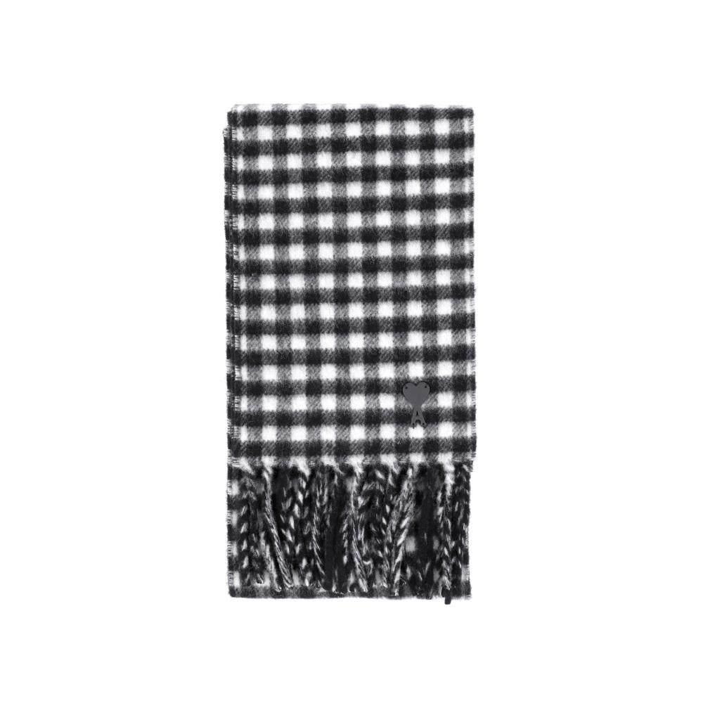 AMI Check Scarf with Leather Heart Logo Patch and Fringe
