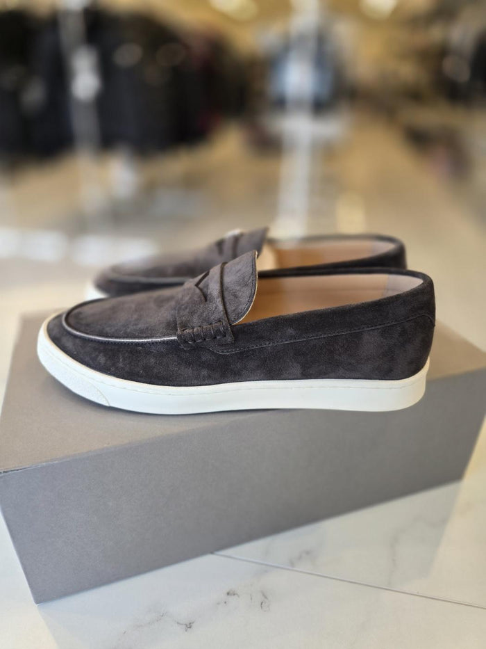 Brunello Cucinelli Men’s Safari Suede Penny Loafers Gray