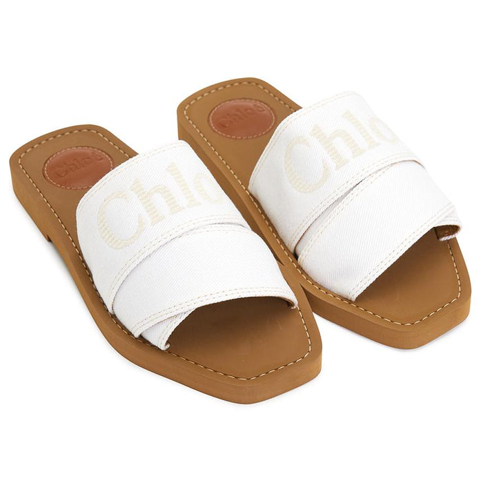 Chloe Woody Womens Mule Slide Sandals Ivory Canvas