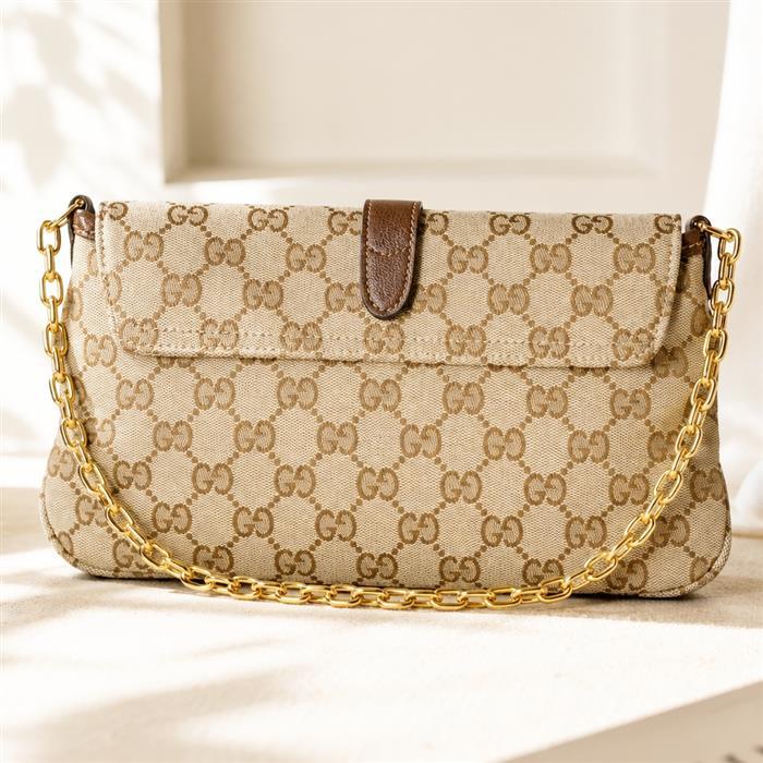 GUCCI Aperitivo Medium Shoulder Bag Beige Canvas Leather Trim