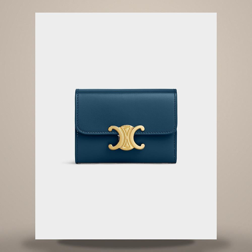 CELINE Triomphe Shiny Calfskin Compact Coin Card Wallet Teal Blue