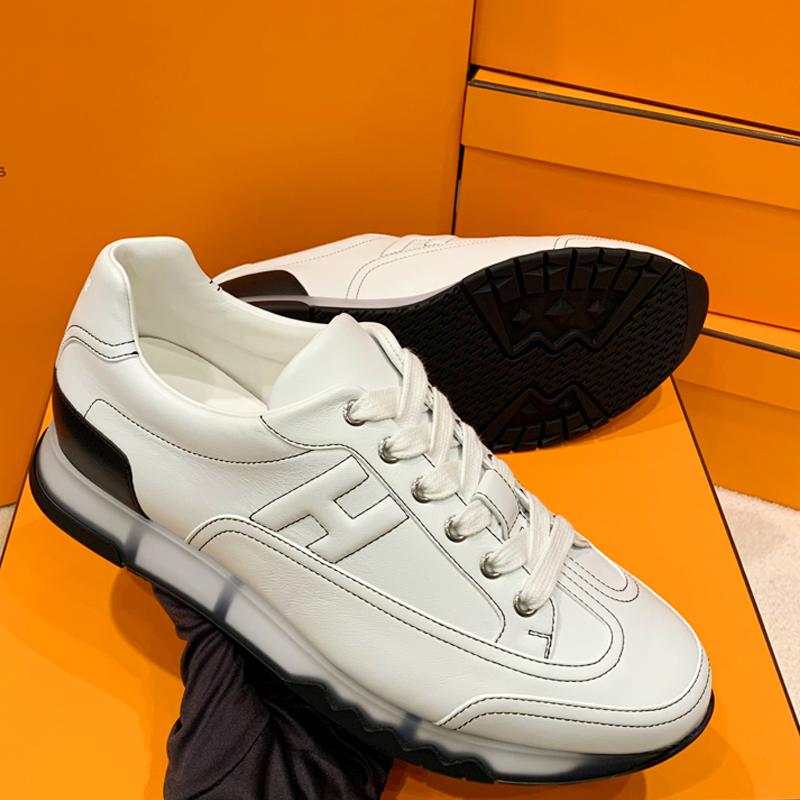 HERMES Men’s Calfskin Trail Sneakers All White Stitch Low-Top