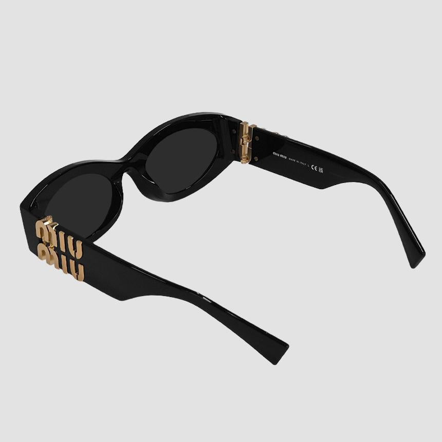 Miu Miu Gleams Logo Temple Oval Sunglasses Black Acetate MU11WS 1AB5S0