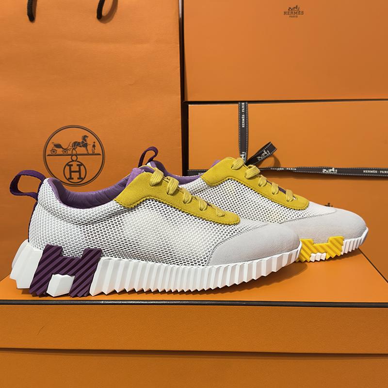 HERMES Bouncing White Mesh H Yellow Purple Two-Tone Low Top Sneakers