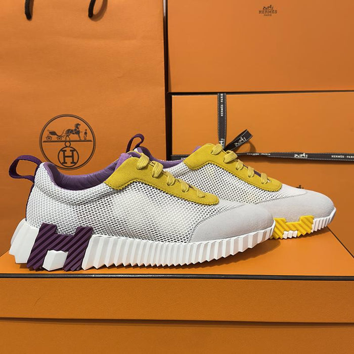 HERMES Bouncing White Mesh H Yellow Purple Two-Tone Low Top Sneakers