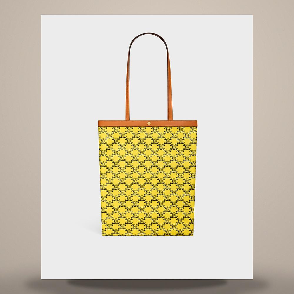 CELINE Medium Flat Shopper Triomphe Canvas Yellow Navy Tote Bag 123832O90 11YN