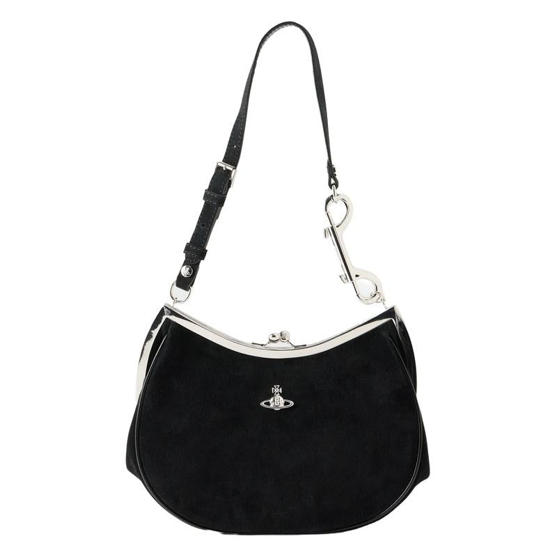 Vivienne Westwood Charm Frame Pearls Tote Bag Black Leather