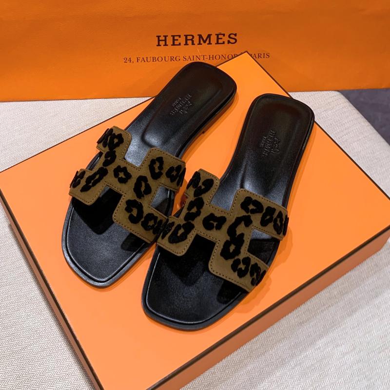 HERMES Oran Leopard Calfskin Slide Sandals Black Brown Women