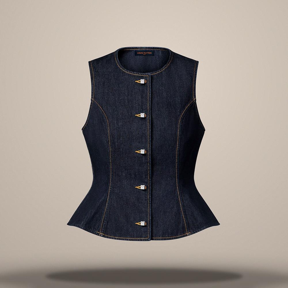 Louis Vuitton Women's Indigo Blue Denim Signature Button Blouse 1AKEIH