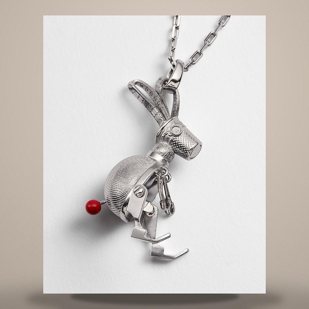 DIOR Couture Charm Rabbit Pendant Necklace Silver Red Lacquer N3781HOMST D997