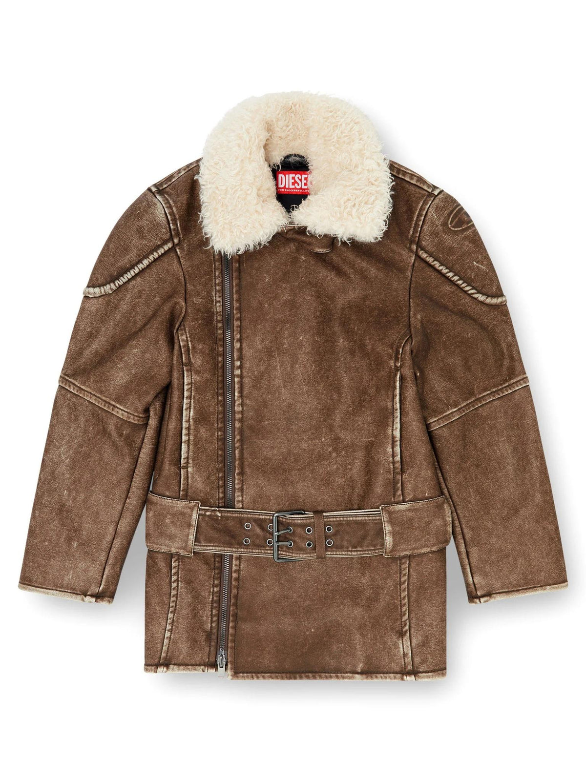 DIESEL Brown Shearling Mouton Leather Jacket