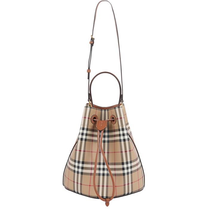 BURBERRY Small Check Leather Drawstring Bucket Bag