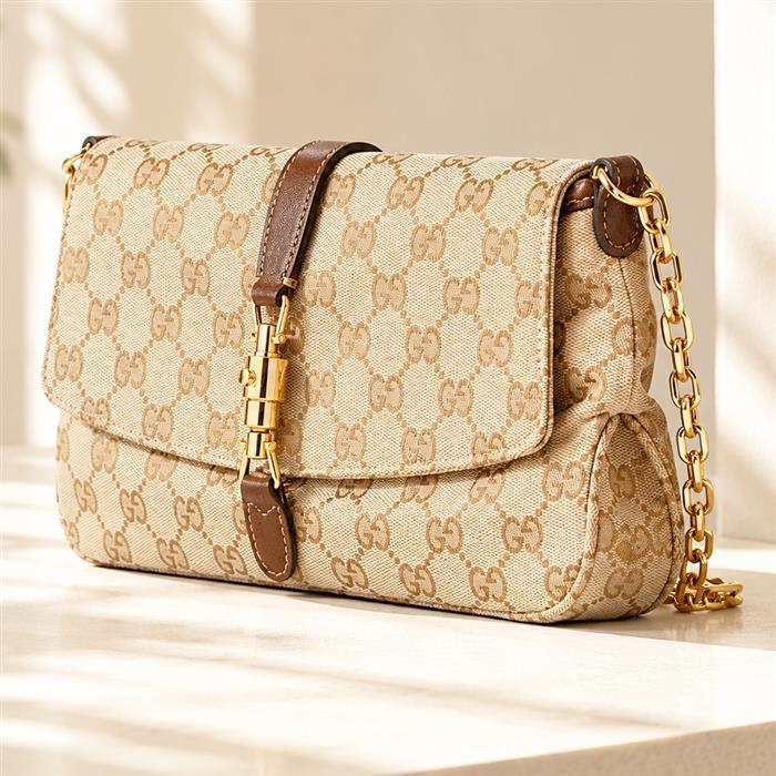 GUCCI Aperitivo Medium Shoulder Bag Beige Canvas Leather Trim