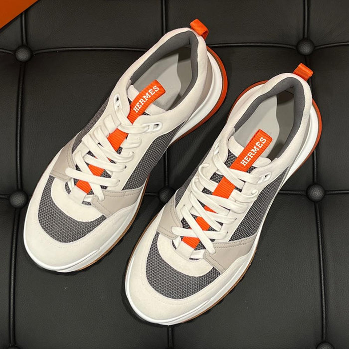 HERMES Gray Orange Suede Calfskin Low Top Sneakers for Men