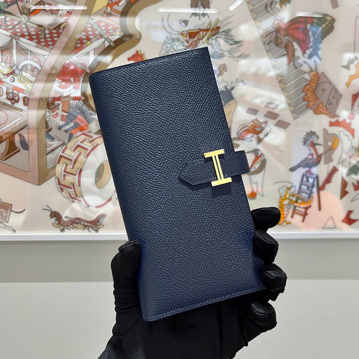 HERMES Navy Epsom Béarn Long Wallet Gold Hardware Unisex