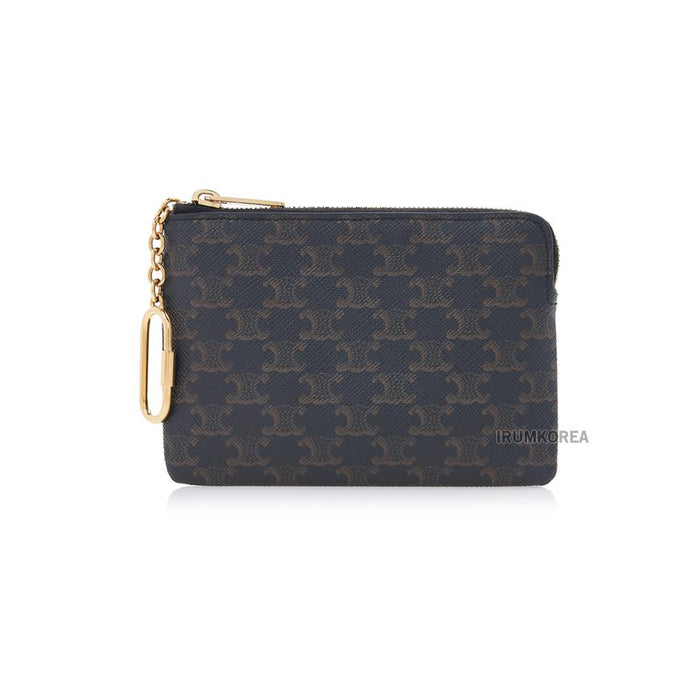 CELINE Triomphe Leather Coin Card Holder Wallet Black Women