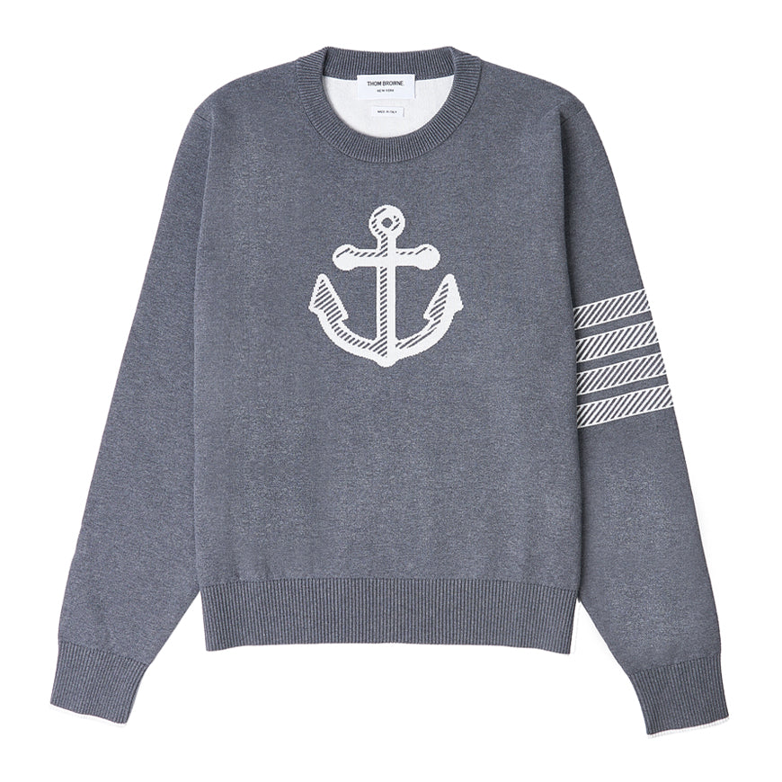 THOM BROWNE Anchor Jacquard Crewneck Knit Sweater Gray Men