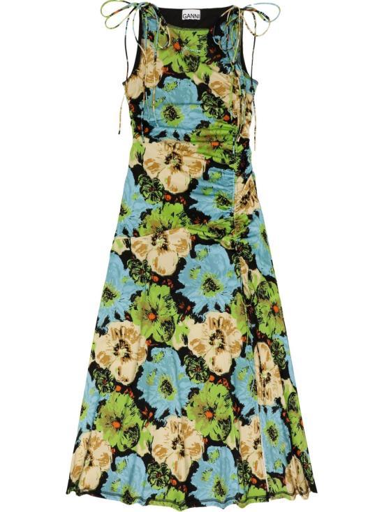 GANNI Printed Lycra Jersey Gathered Midi Dress T4170999 DOM