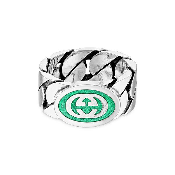 GUCCI Interlocking G Enamel 10mm Silver Ring Unisex
