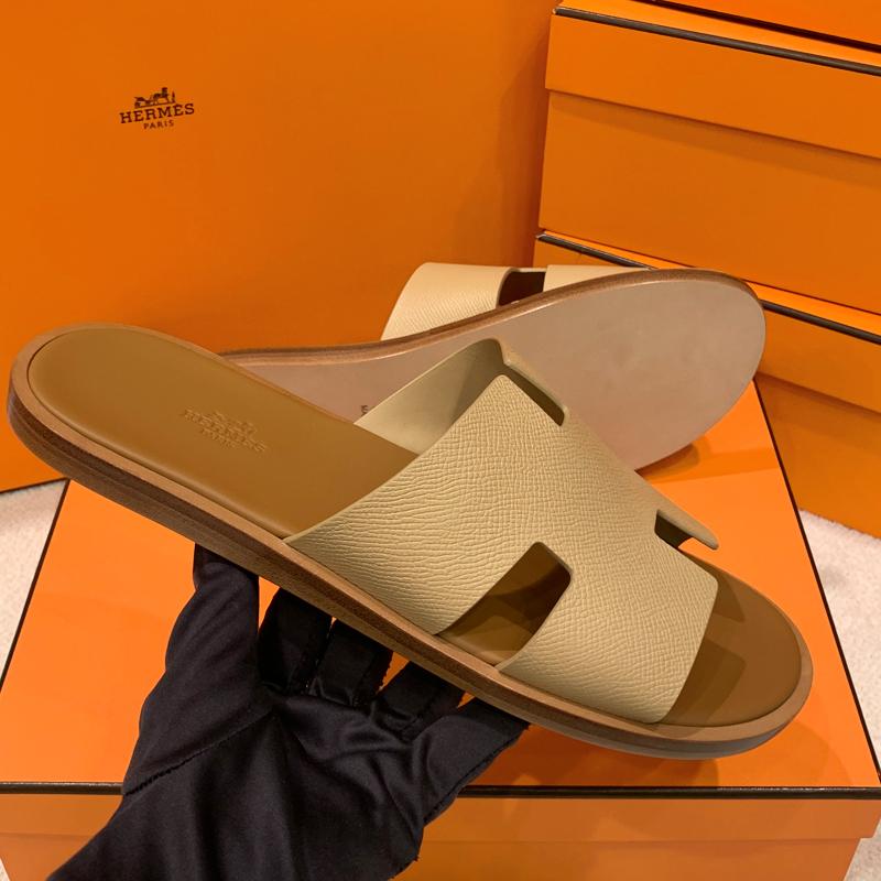 HERMES Izmir Sandals Calfskin Epsom Brown Camel Men's Slippers