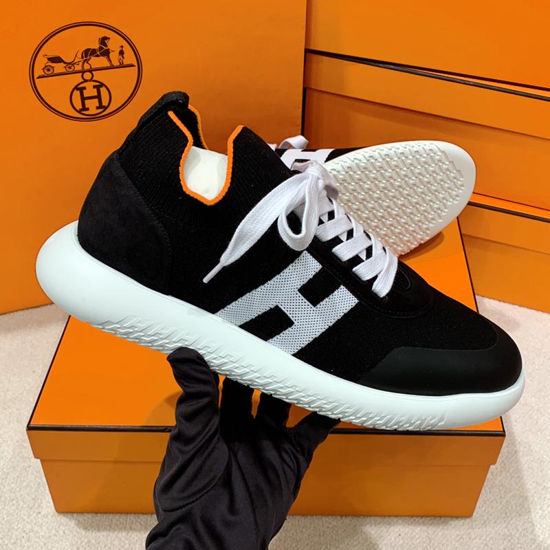 HERMES Crew Sneakers H Knit Goatskin Black White Low-Top Men’s