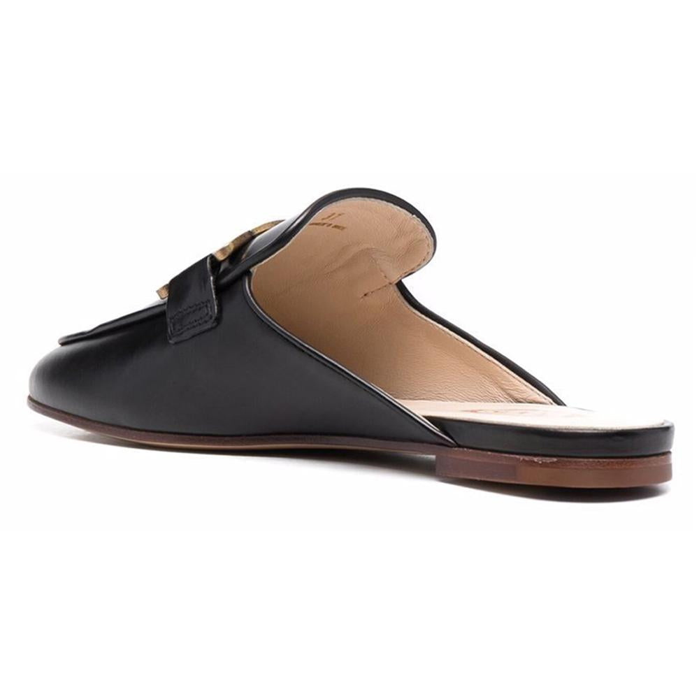 Tods Chain Logo Leather Sabot Backless Loafers Black