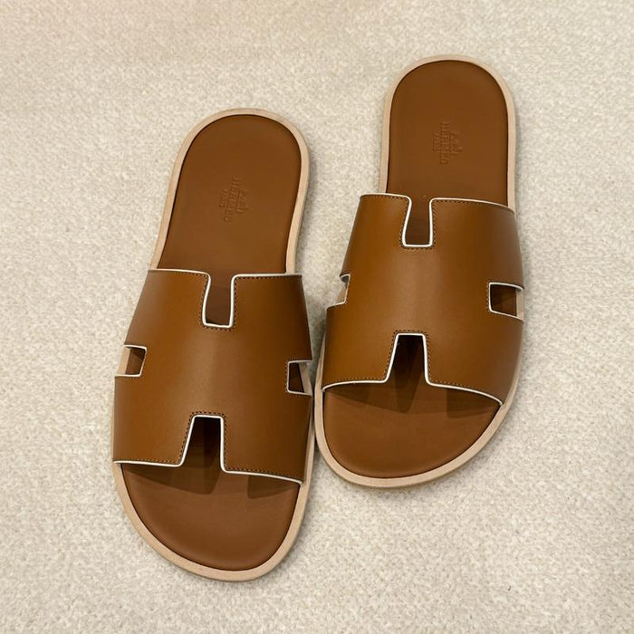HERMES Izmir Sandals Calfskin Brown with White Accent Men’s