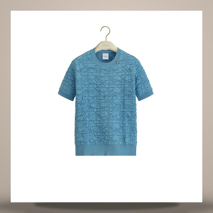 DIOR Blue Macro Cannage Short Sleeve Silk Blend Knit Blouse 644S24A6B13X5190