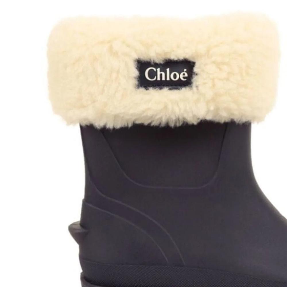 Chloe Logo Faux Fur Rain Ankle Boots Blue Women