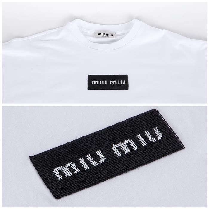 Miu Miu Sequin Logo Cropped Short Sleeve T-Shirt Black