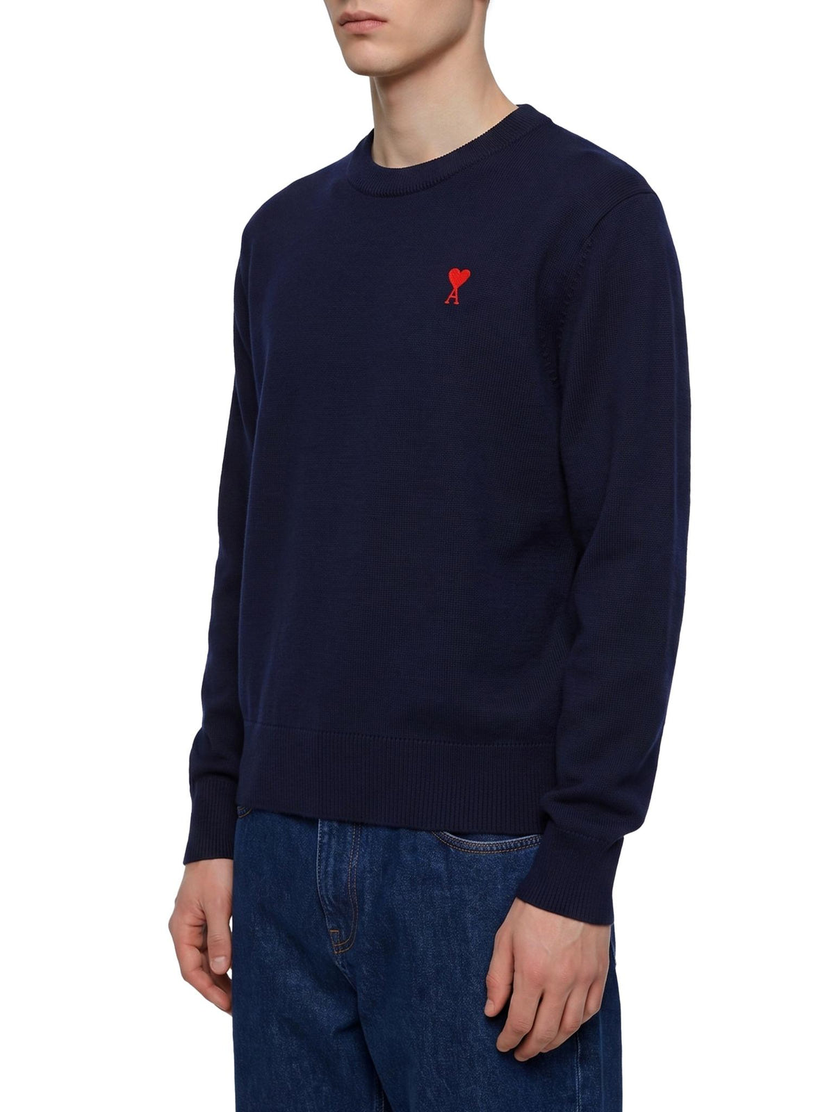 AMI Wool Round Neck Knit Sweater Navy for Men