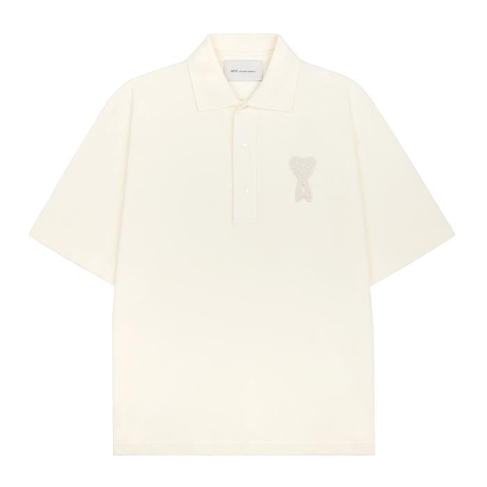 AMI Heart Logo Knit Patch Short Sleeve Polo T-Shirt