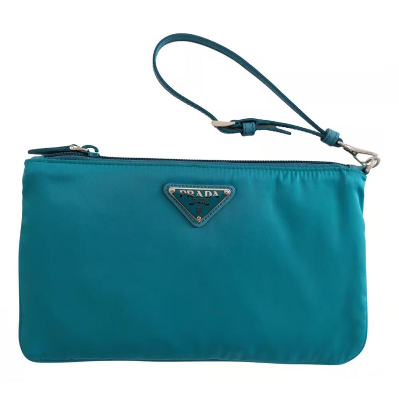 PRADA Tessuto Nylon Triangle Logo Leather Strap Pouch Clutch 1NH545 TURCHESE