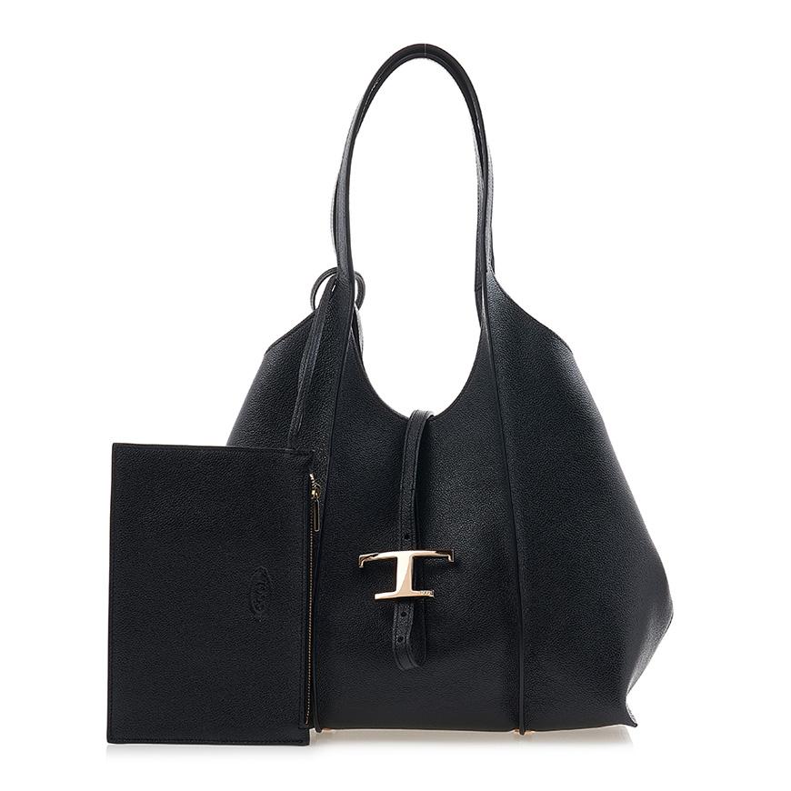 Tods Timeless T Shopper Tote Bag Black Leather Women