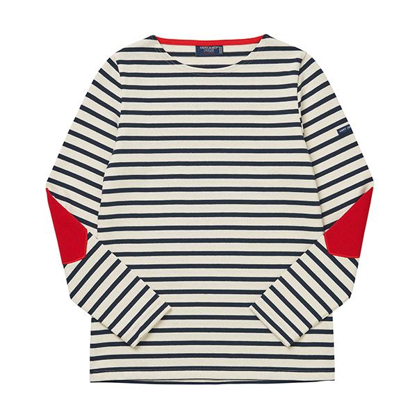 Saint James Ecru/Navy Stripe Long Sleeve Tee with Heart Elbow Patches
