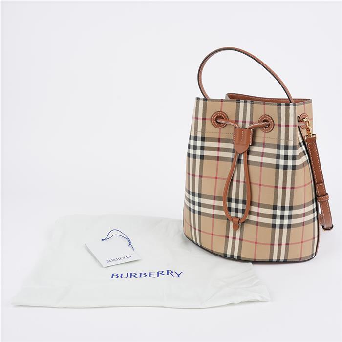 BURBERRY Small Check Leather Drawstring Bucket Bag
