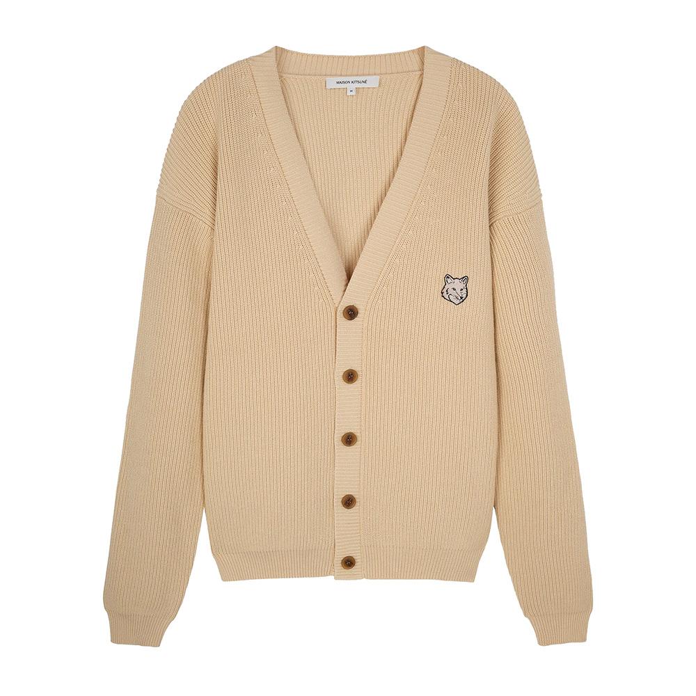 Maison Kitsune Bold Fox Head Beige Cardigan Men Knit MM00506 KT1098 P205