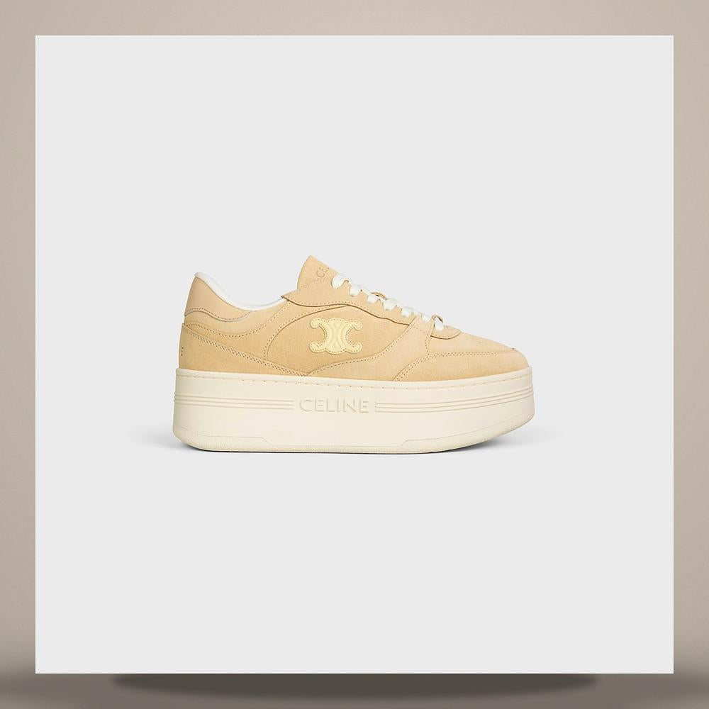 CELINE Suede Calfskin Block Wedge Sneakers Beige Light Yellow 366475200C GKP6