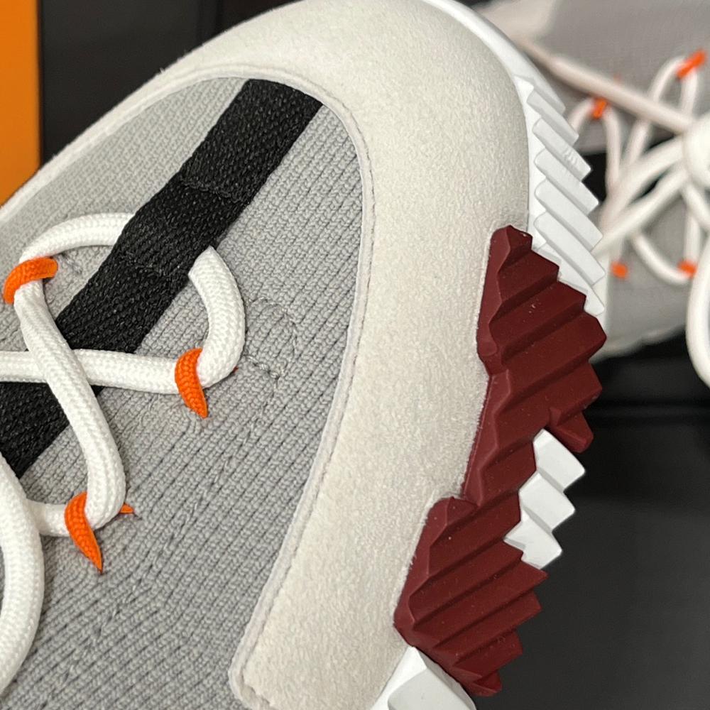 HERMES Gray Knit Calfskin H Logo Two-Tone Slip-On Low-Top Sneakers