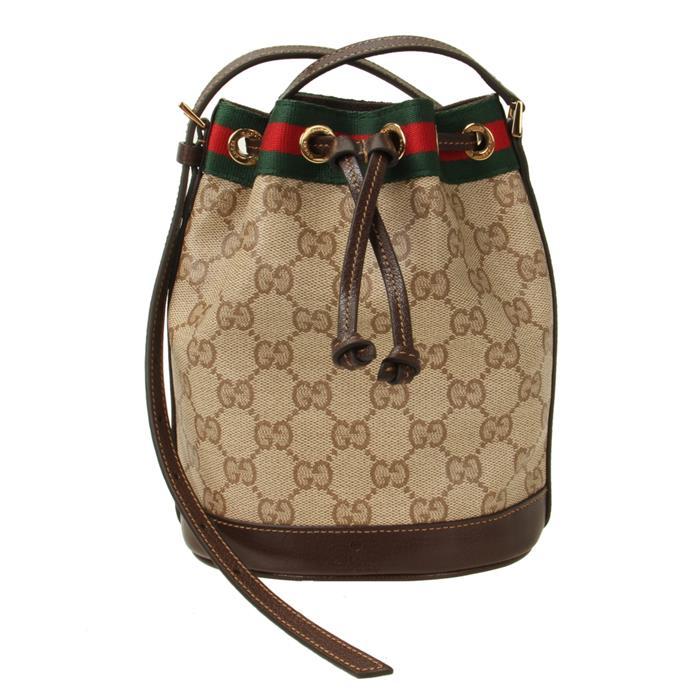 GUCCI Web Mini Bucket Bag Beige Leather Shoulder Bag