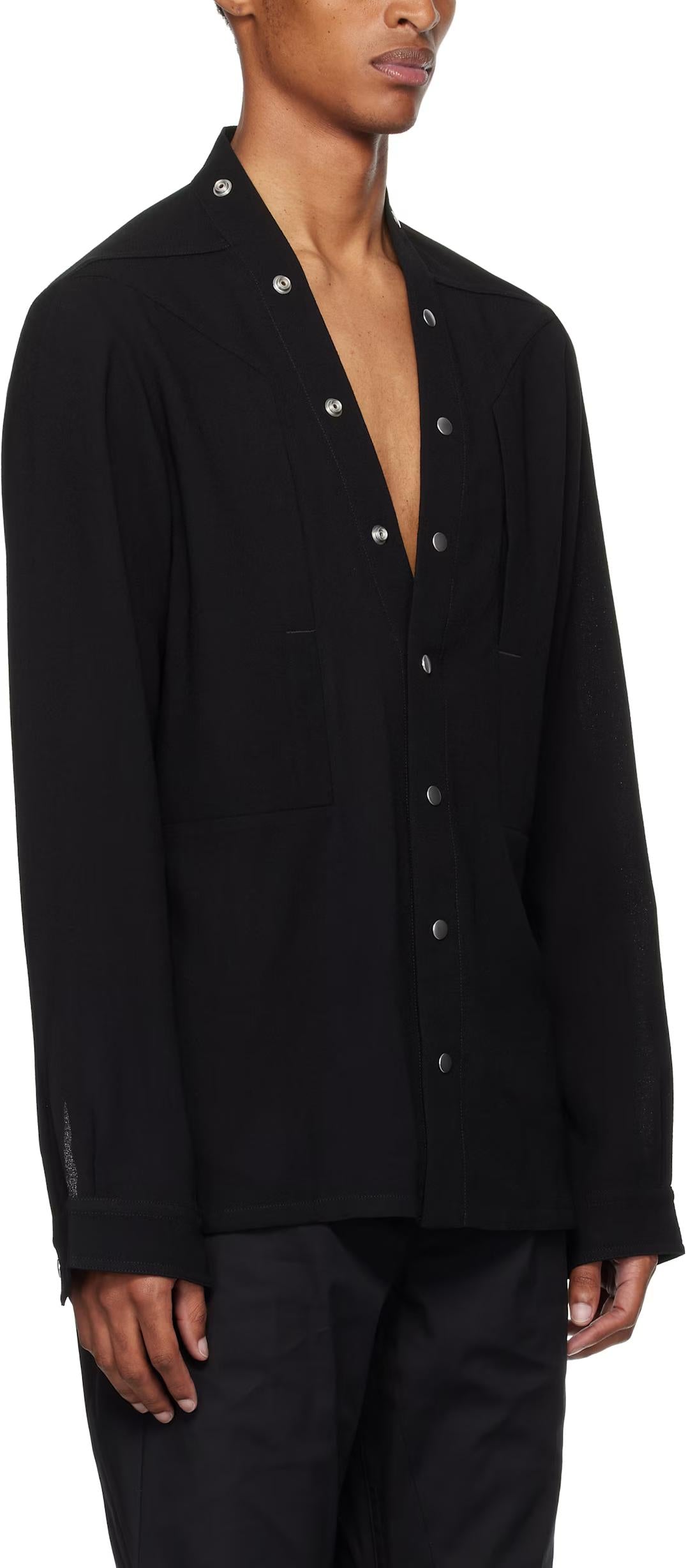 Rick Owens Wool Sable Larry Fogpocket Long Sleeve Shirt Black
