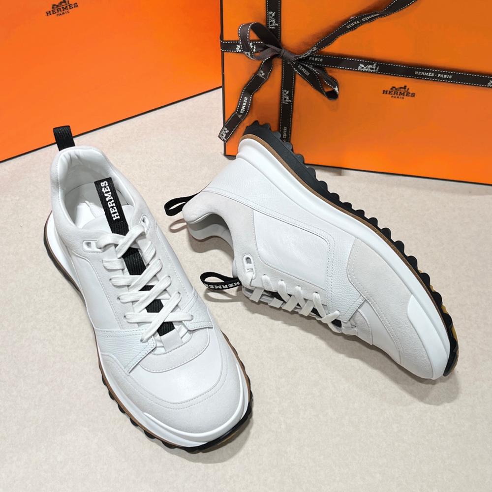 HERMES White Epsom Calfskin Suede Low-Top Sneakers for Men