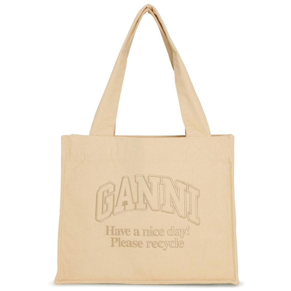 GANNI Beige Logo Embroidered Canvas Tote Bag