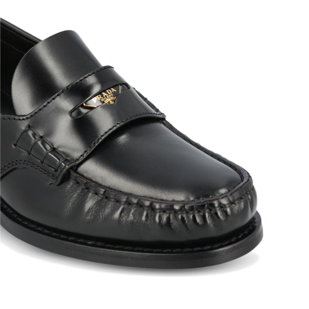 PRADA Brushed Leather Triangle Logo Penny Loafers Black