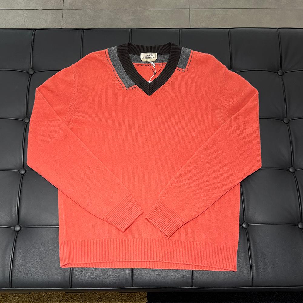 HERMES Beige Cashmere Colorblock Collared V-Neck Knit Sweater
