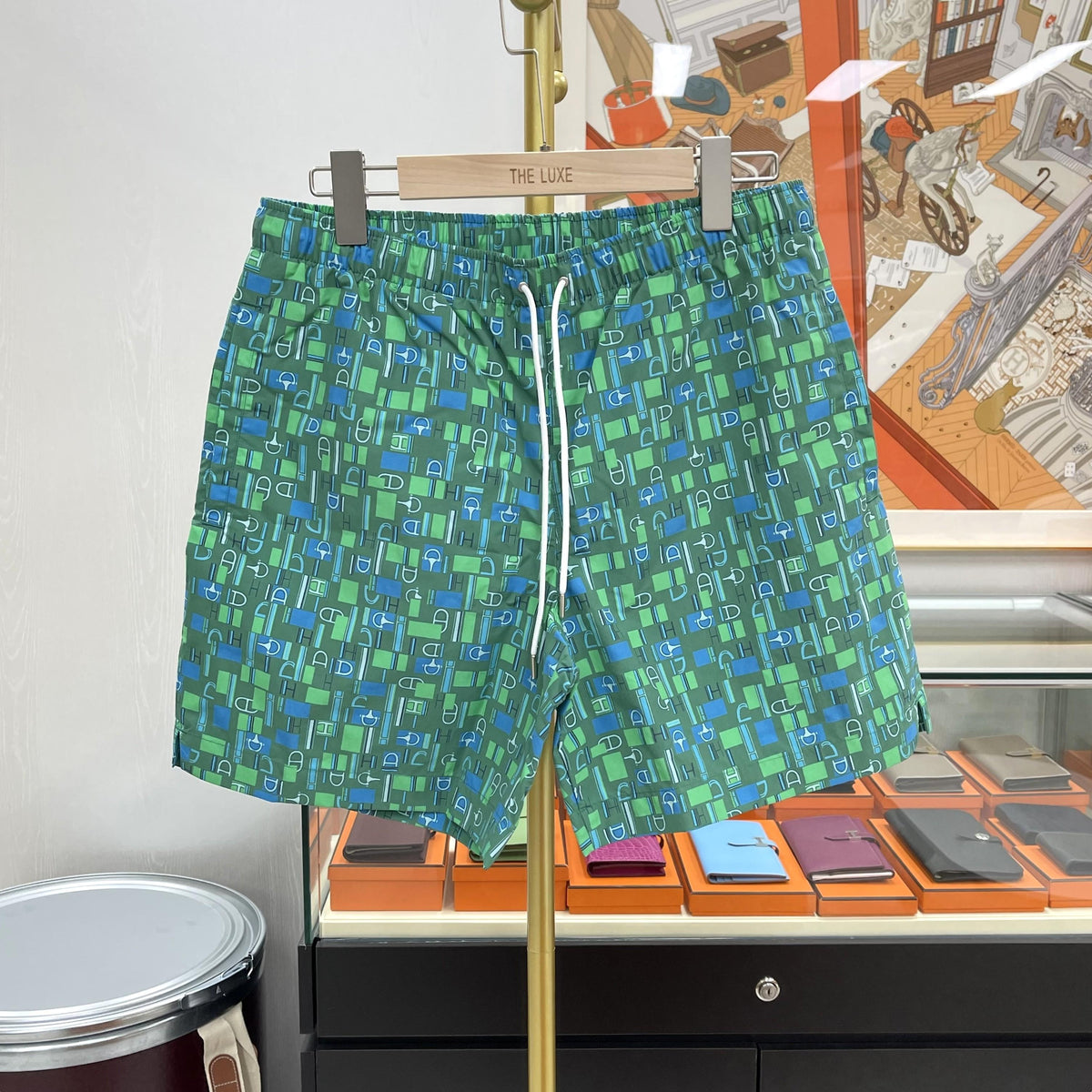 HERMES Metal au Carre Swim Trunks Green Blue