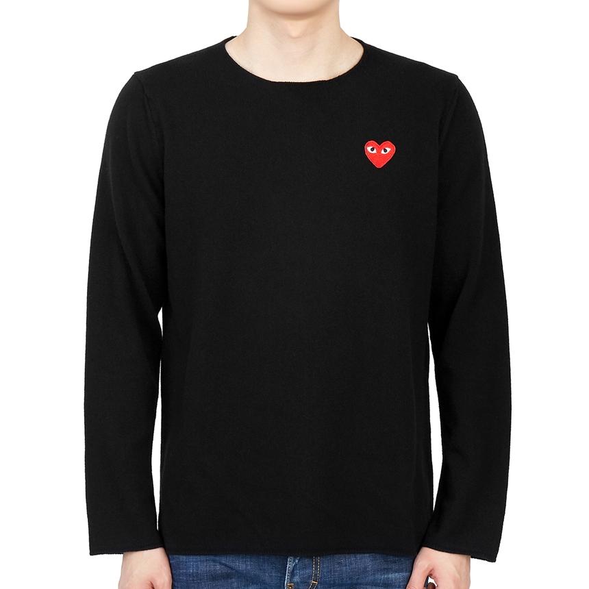 Comme des Garcons Men's Crewneck Knit Sweater Red Logo Patch AZ N068 051 1